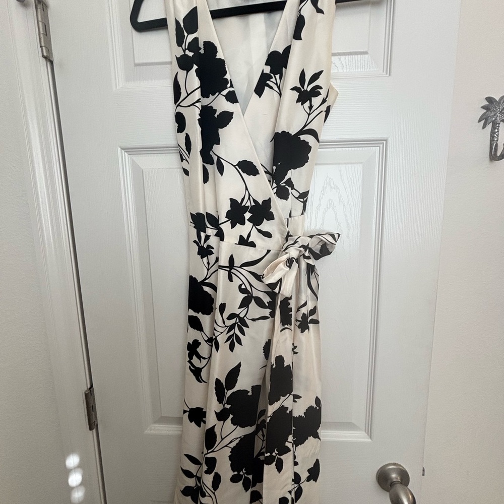 Nina Leonard Black & White Floral Wrap Midi Dress